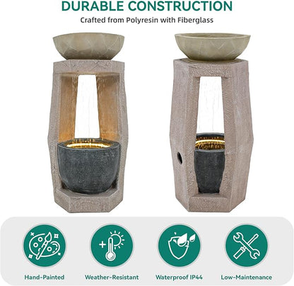 32" Modern Geometric Outdoor Fountain with Birdfeeder | Two Bowls Water Feature with LED Lights, Resin Soothing Cascading Waterfall for Patio, Backyard, Garden or Porch