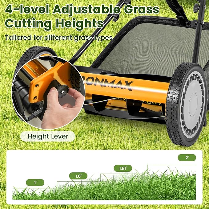Goplus Manual Lawn Mower, 16 Inch 5-Blade Walk-Behind Cordless Grass Cutter with 7 Gallon Removable Grass Collect Bag, Adjustable Cutting Heights, Push Reel Lawn Mower for Yard, Garden