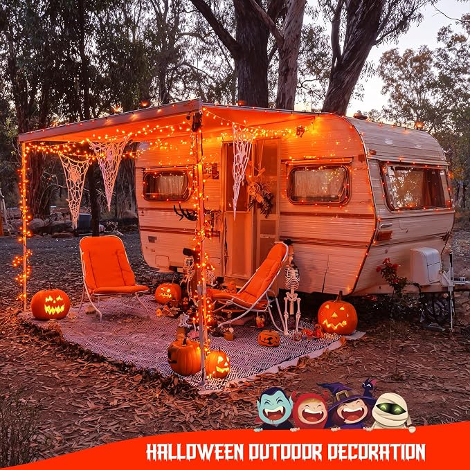 JMEXSUSS 2 Pack Solar Halloween Lights, Total 151FT 400 LED, Orange | Halloween Lights Outdoor Waterproof, 8 Modes Solar String Lights for Outside Patio Tree Garden Yard Halloween Decorations