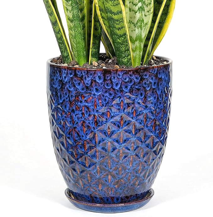 11.8 Inch Flower Pots for Indoor Plants,Ceramic Planter with Saucer Drainage Leak-Proof Mesh Gardening Gloves (Peacock-Blue)