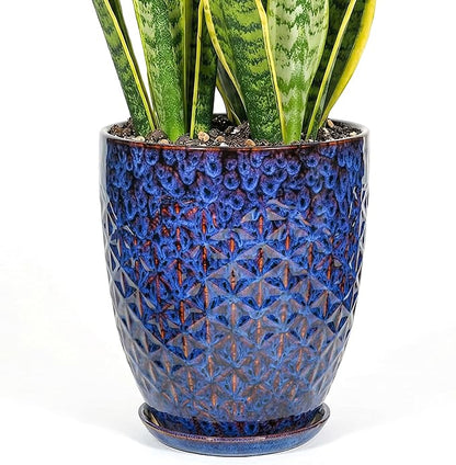 11.8 Inch Flower Pots for Indoor Plants,Ceramic Planter with Saucer Drainage Leak-Proof Mesh Gardening Gloves (Peacock-Blue)