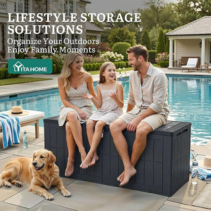 YITAHOME 134 Gallon Large Deck Box | Waterproof Resin Outdoor Storage Box with Lock, Doubles as 2-Person Bench Seating for Patio Furniture Cushions,Garden Tools &