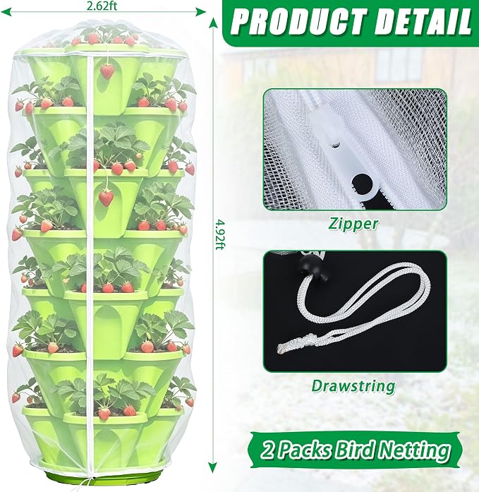2 Pcs Vertical Plant Pot Insect Netting with Zipper, 59 x 32.4 Inch Garden Netting 7 Tier Stackable Strawberry Planter Cover Bird Barrier Protection Mesh for Tomato Flower Strawberry