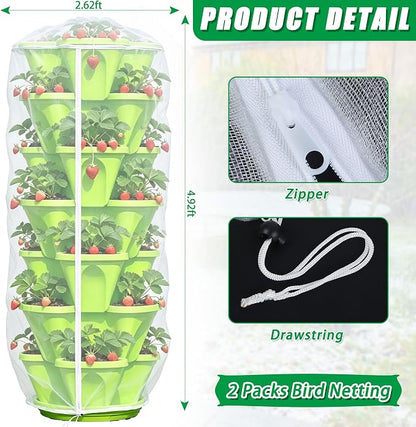 2 Pcs Vertical Plant Pot Insect Netting with Zipper, 59 x 32.4 Inch Garden Netting 7 Tier Stackable Strawberry Planter Cover Bird Barrier Protection Mesh for Tomato Flower Strawberry