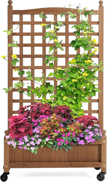 Topeakmart Rolling Raised Garden Bed with Trellis 50" Planter Box on Wheels | Movable planter on wheels with trellis for climbing vines. Easy to roll for sun or shade. Perfect for decks & small gardens.