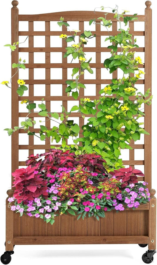 Topeakmart Rolling Raised Garden Bed with Trellis 50" Planter Box on Wheels | Movable planter on wheels with trellis for climbing vines. Easy to roll for sun or shade. Perfect for decks & small gardens.