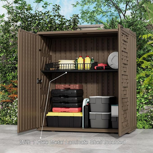 HOMSPARK Indoor/Outdoor Storage Cabinet with Doors and Shelf, 34”x16”x36” HDPE Plastic Storage Box for Patio, Balcony, Multi-Purpose for Tools, Brown