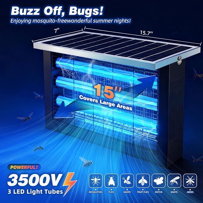 Powerful Large Solar Bug Zapper for 3000 sq.ft with 13FT Extension Cord | Rechargeable Outdoor Mosqutio Killer with 13W Solar Panel, Waterproof Solar Bug Zapper for Patio Garden Backyard RV Camping