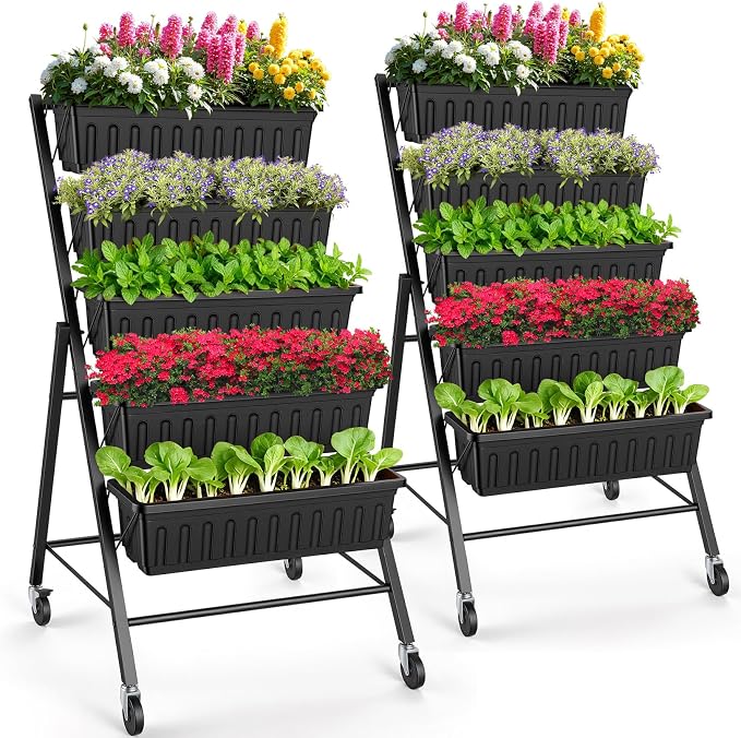 Suyncll 2 Pack Vertical Raised Garden Bed, 5 Tiers Elevated Planter Box with Drainage System and 4 Hooks, 4FT Vertical Planter for Herbs Vegetables Flowers (Black with 4 Wheels)