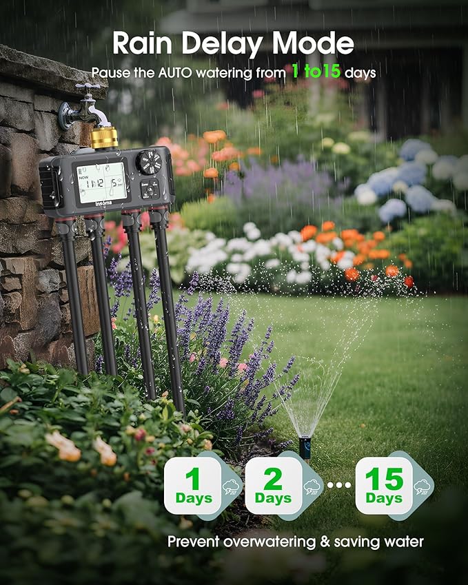 Insoma 4 Zones Sprinkler Timer with Brass Inlet & Outlet, Water Timer for Garden Hose with Auto/Manual/Rain Delay Mode, Hose Timers for Irrigation Watering System for Yard, Lawn, Plant Watering