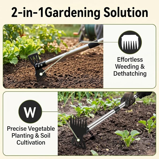 60" Weed Puller Tool with Long Handle, Heavy Duty 2-in-1 Stand Up Weeding Tool & Garden Hoe, Manual Weed Remover and Hand Rake for Yard, Lawn, Patio Gardening