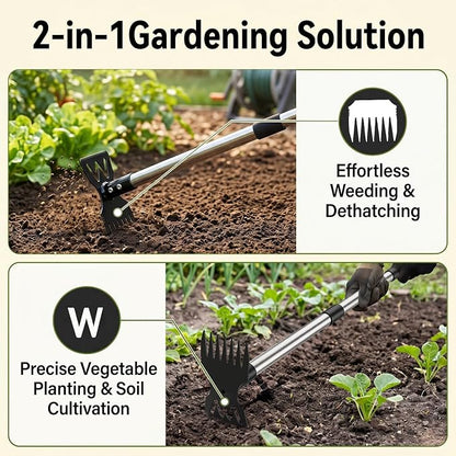 60" Weed Puller Tool with Long Handle, Heavy Duty 2-in-1 Stand Up Weeding Tool & Garden Hoe, Manual Weed Remover and Hand Rake for Yard, Lawn, Patio Gardening