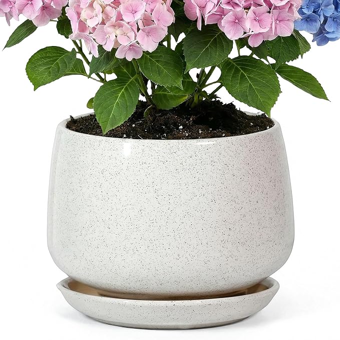 10.3 Inch Flower pots for Indoor Outdoor Plants with Saucer Drainage Leak-Proof Mesh, Ceramic Planter with Gardening Gloves for Succulent and Flower (Matte White)
