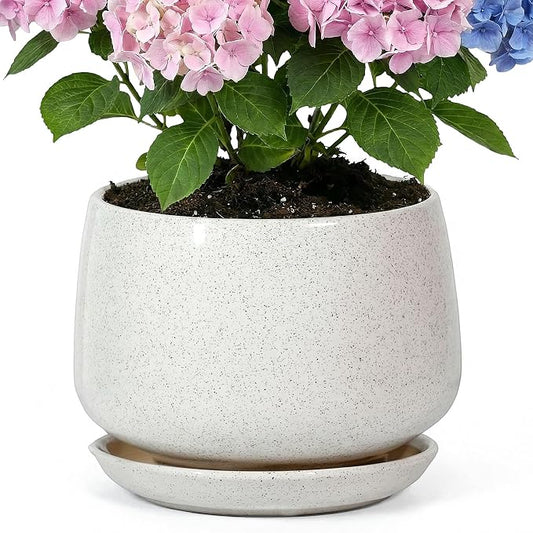 10.3 Inch Flower pots for Indoor Outdoor Plants with Saucer Drainage Leak-Proof Mesh, Ceramic Planter with Gardening Gloves for Succulent and Flower (Matte White)