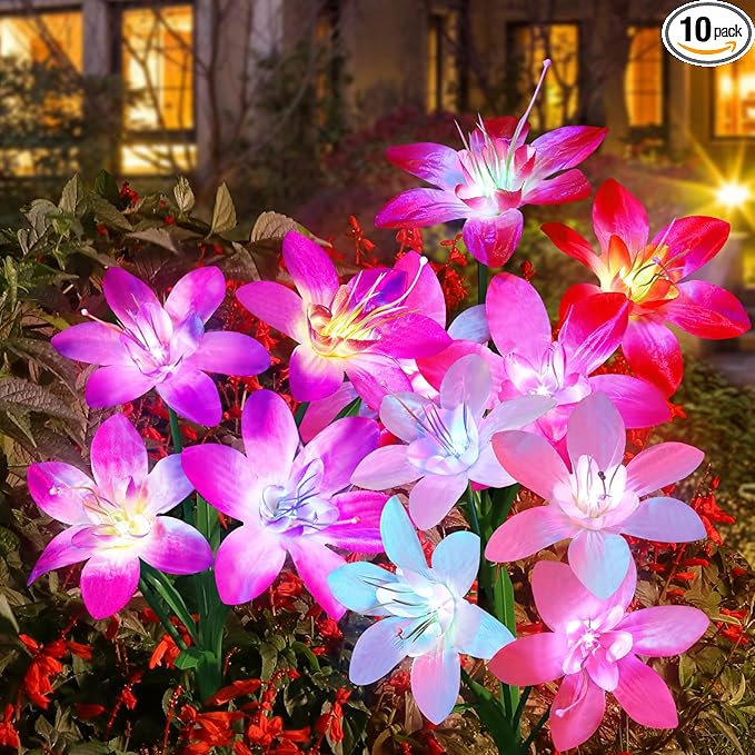 Aukora Solar Garden Lights, 10 Pack Lily Flower Waterproof, 7-Color Change | Landscape Decor Outdoor for Pathway Lawn Patio Yard Walkway,Holiday Gifts for Mom Women, 5 Beautiful Mixed Colors