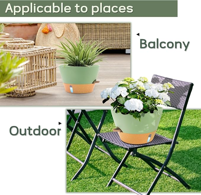 12 Inch Self Watering Pot with Visual Water Window, Drainage Holes & Watering Lip, Set of 2 Large Plastic Planters for Indoor Outdoor Plants, Modern Decorative Flower Pot (Green)