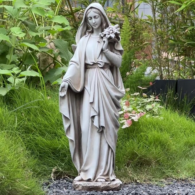 Grace4Joy Virgin Mary Statue Outdoor, 24 Inches Blessed Mother Mary Garden Statue, Rustic Saint Mary Holding Lilies Outdoor Sculpture for Home Yard Patio Lawn Hallway Decor