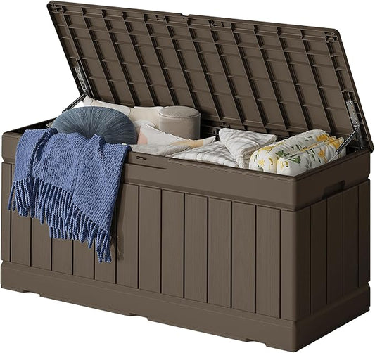 78 Gallon Deck Box Outdoor Indoor Waterproof Storage Box for Patio Furniture, Pool Accessories, Garden Tools, and Cushion Storage, Brown