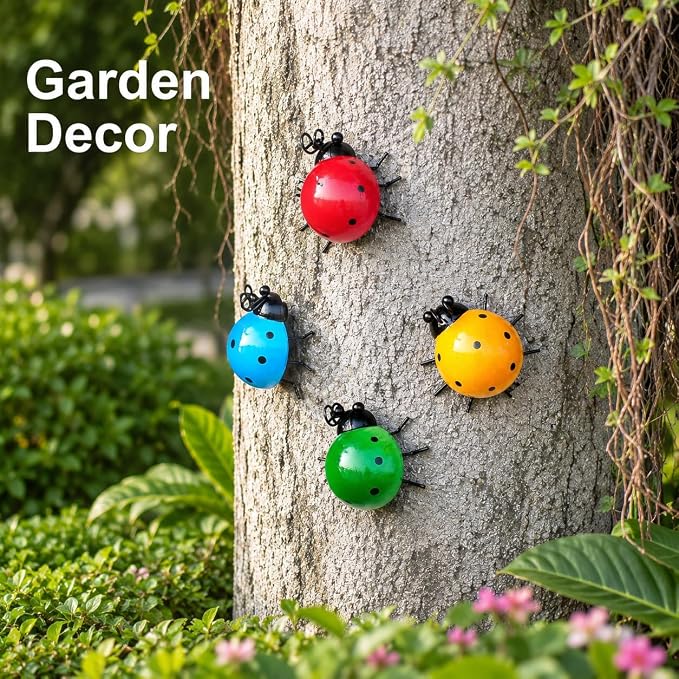 MACLARONX Metal Ladybugs Outdoor Yard Art Garden Fence Decor Set of 4 Cute Lady-Bugs Wall Sculptures Colorful 3D Ornaments for Backyard Balcony Patio