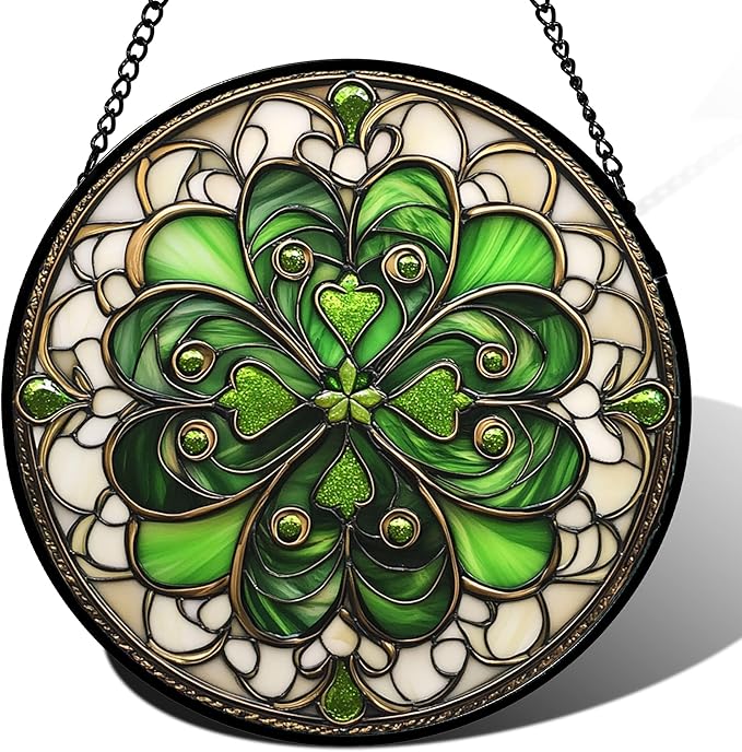 DASTOLL Stained Glass Window Hanging St. Ripak Festival Green Lucky Clover 6.3" - Suncatcher Door Garden Sun Catcher Ireland Decor Mother's Day for Mom Woman Her Men Sisters