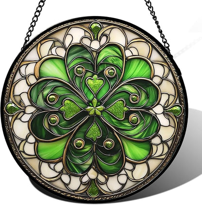 DASTOLL Stained Glass Window Hanging St. Ripak Festival Green Lucky Clover 6.3" - Suncatcher Door Garden Sun Catcher Ireland Decor Mother's Day for Mom Woman Her Men Sisters