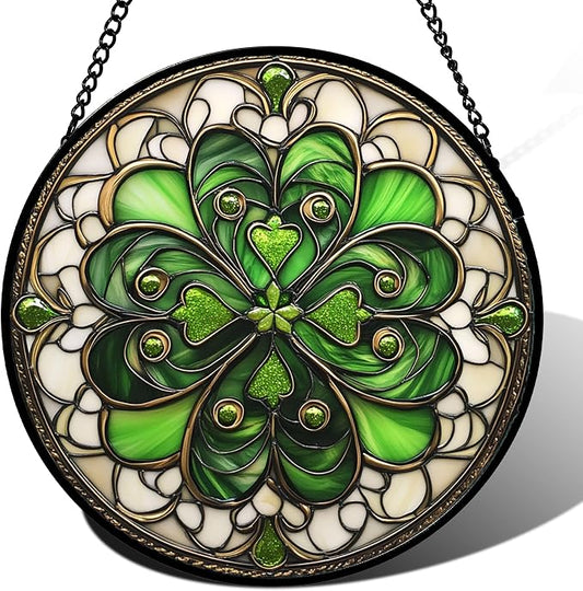 DASTOLL Stained Glass Window Hanging St. Ripak Festival Green Lucky Clover 7.8" - Suncatcher Door Garden Sun Catcher Ireland Decor Mother's Day for Mom Woman Her Men Sisters