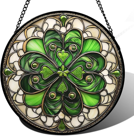 DASTOLL Stained Glass Window Hanging St. Ripak Festival Green Lucky Clover Large 15" - Suncatcher Door Garden Sun Catcher Ireland Decor Mother's Day for Mom Woman Her Men Sisters
