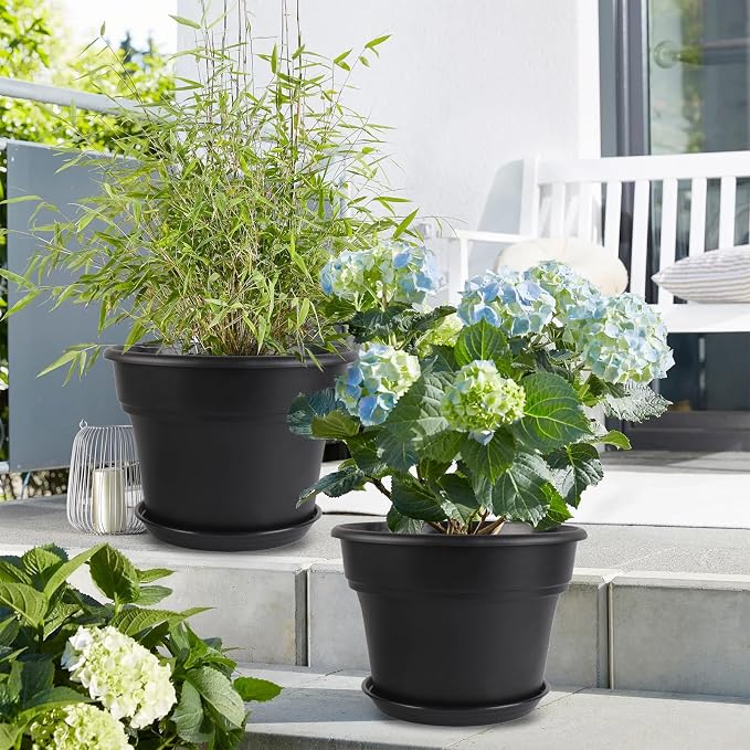 Myfeegoin 8-inch-Plant-Pots-Indoor-Outdoor, 4 Pack Plastic Planters with Drainage Holes & Saucers, Resin Flower Pots with Trays, Classic Garden Pot Container for House