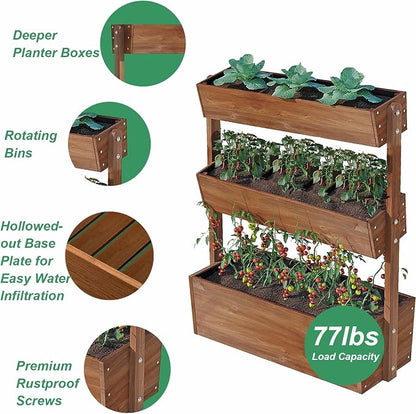 Raised Garden Bed,3 Tier Vertical Garden Planter,Planter Box,Fir Wood Adjustable Freestanding Elevated Herb Stand Tower,Flower Strawberry Vegetable for Outdoor Indoor Balcony,33x17x46,Brown