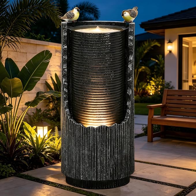 32" Cracked Jar Outdoor Water Fountain LED Bird Cascading Waterfall | 3D concrete texture, bird accents, garden patio deck,Oasis for Porch
