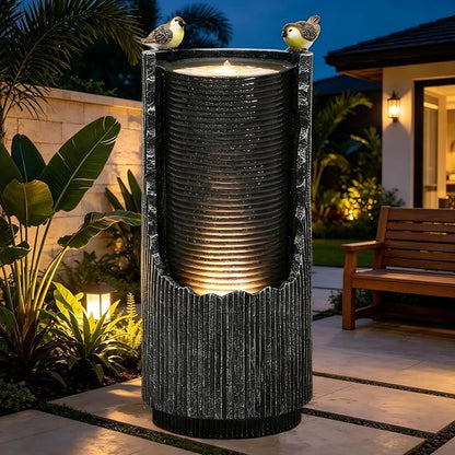 32" Cracked Jar Outdoor Water Fountain LED Bird Cascading Waterfall | 3D concrete texture, bird accents, garden patio deck,Oasis for Porch