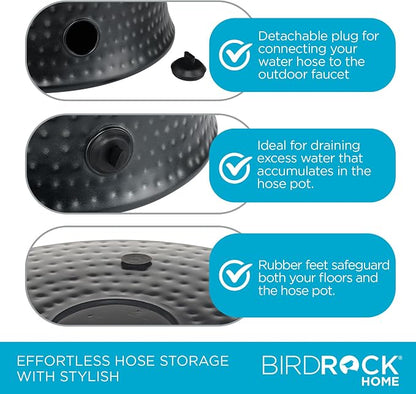 BIRDROCK HOME Decorative Water Hose Holder Pot with Lid | Holds 200ft Hose | Hammered Charcoal Exterior | Ground Garden Hose Box | Handles | Metal Hider | Outdoor or Indoor Use