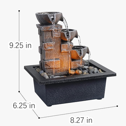 GOSSI 3-Tier Stone Wall Tabletop Water Fountain with Natural River Rocks, LED Lights, Zen Meditation Waterfall for Office and Home Decor, Relaxing Desktop Fountain, Christmas Decoration