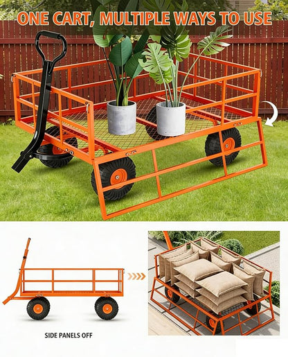 Garvee Steel Garden Cart, 1200 LBS Capacity Utility Outdoor Wagon, Heavy Duty Mesh Garden Wagon with Removable Sides, 2-in-1 Handle, 13" Tires for Yard, Lawn, Garden