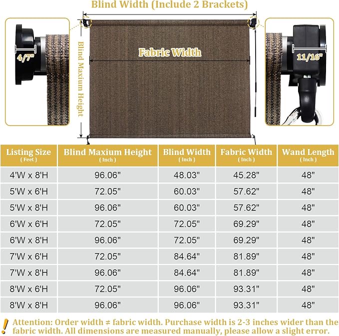 Shade&Beyond Outdoor Roller Shades with Splicing Design, 8' W x 8' H Cordless Patio Roll Up Blinds, Exterior Shade Cloth Roll for Porch, Gazebo, Pergola, Balcony, Mocha