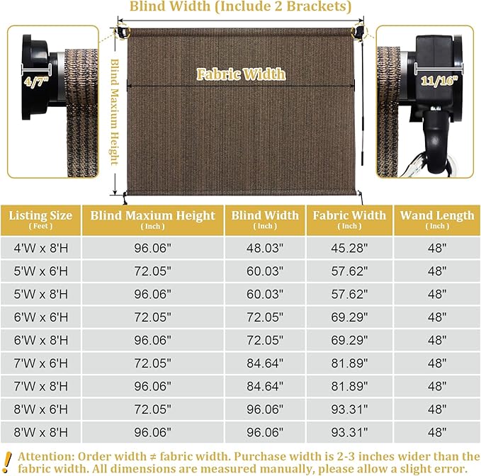 Shade&Beyond Outdoor Roller Shades with Splicing Design, 6' W x 6' H Cordless Patio Roll Up Blinds, Exterior Shade Cloth Roll for Porch, Gazebo, Pergola, Balcony, Mocha