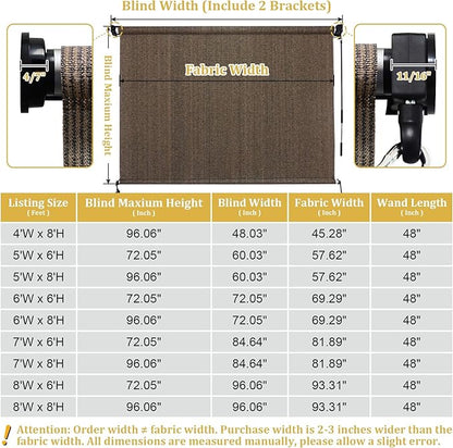 Shade&Beyond Outdoor Roller Shades with Splicing Design, 6' W x 6' H Cordless Patio Roll Up Blinds, Exterior Shade Cloth Roll for Porch, Gazebo, Pergola, Balcony, Mocha