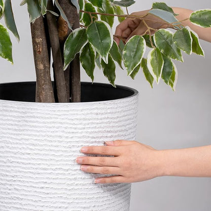 QCQHDU Set of 2 9 Gallon Tall Large planters for Outdoor/Indoor Plants of 12" Dia x 21" H Round Flower Pots Set Faux Stone Finish Front Door Patio Square Porch Planters with Tray, White