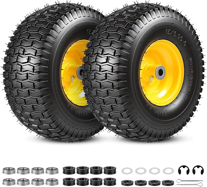 2PCS 15x6.00-6 Tire and Wheel Assembly, Replacement for John Deere Craftsman Husqvarna Riding Mowers, 4 Ply Tubeless Lawn Mower Tires 15x6x6, 500lbs Capacity, 3" Offset Hub, 3/4" Bushing