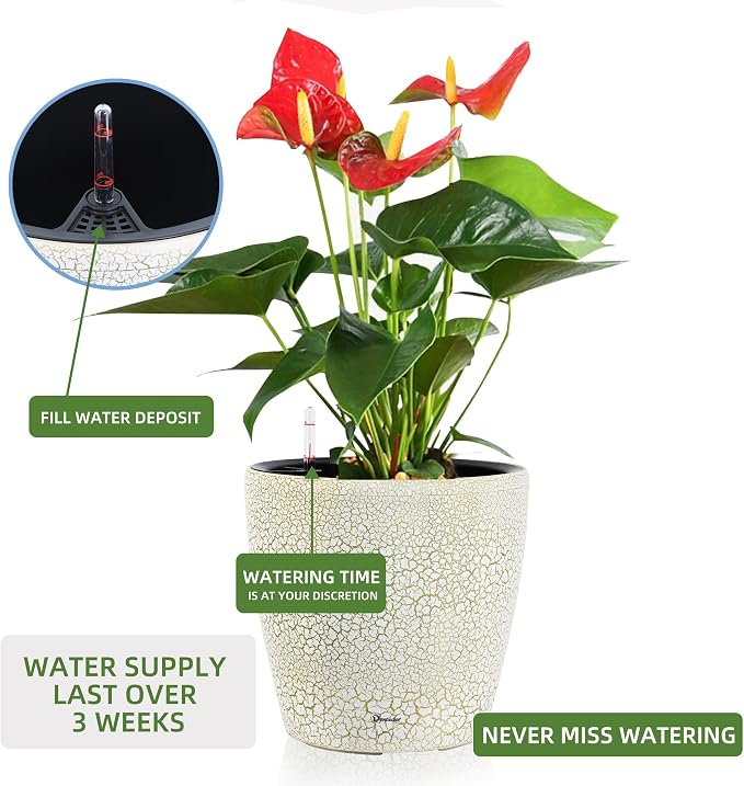 Dexceder 15x14 Self Watering Planter with Wheels (White Gold Crackle) | Inner Pot Design, Thickened Large Floor Standing Flower Plant Pot with Water Level Indicator Indoor Outdoor