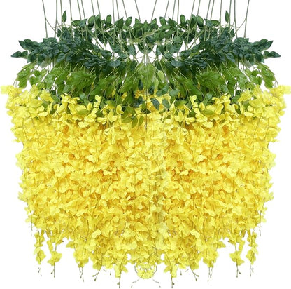 Artificial Wisteria Hanging Flowers Fake Wisteria Flower Garland Silk Vines Rattan Decor for Home Wedding Arch Wall Garden Greenery Bedroom Outdoor Office Party Decoration(24, Yellow)