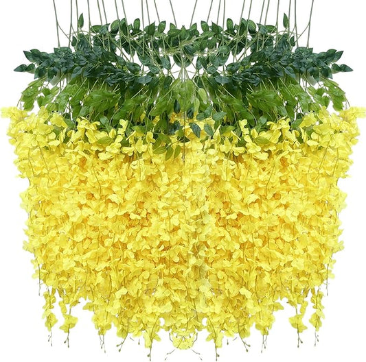 Artificial Wisteria Hanging Flowers-Fake Wisteria Flower Garland Silk Vines Rattan Decor for Home Wedding Arch Wall Garden Greenery Bedroom Outdoor Office Party Decoration (36, Yellow)