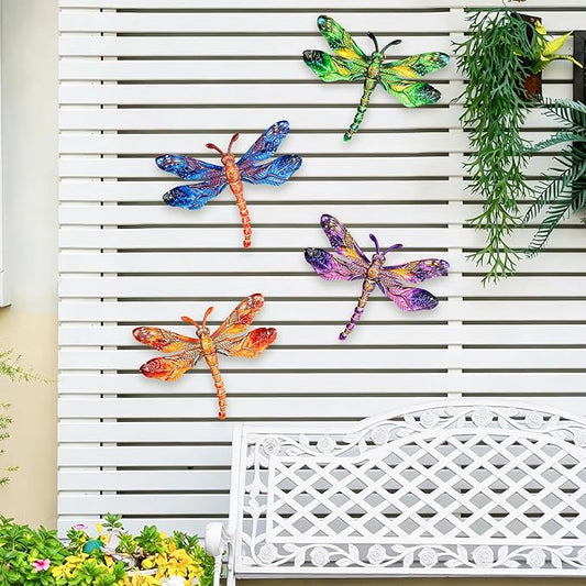SUNREEK Metal Dragonfly Wall Decor - 9.6" Outdoor Fence Wall Art, Hanging Decorations for Garden Yard Patio Room Decorations, 4 Pack (Color-1)