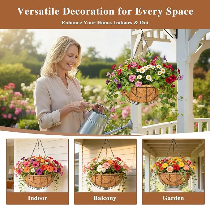 4 Pack Hanging Planter for Outdoor Plants 12 inch Metal Hanging Flower Basket with Coco Coir Liner Round Wire Plant Holder Chain Flower Pots Outdoor Garden Decoration Watering Hanging Baskets（DQ）