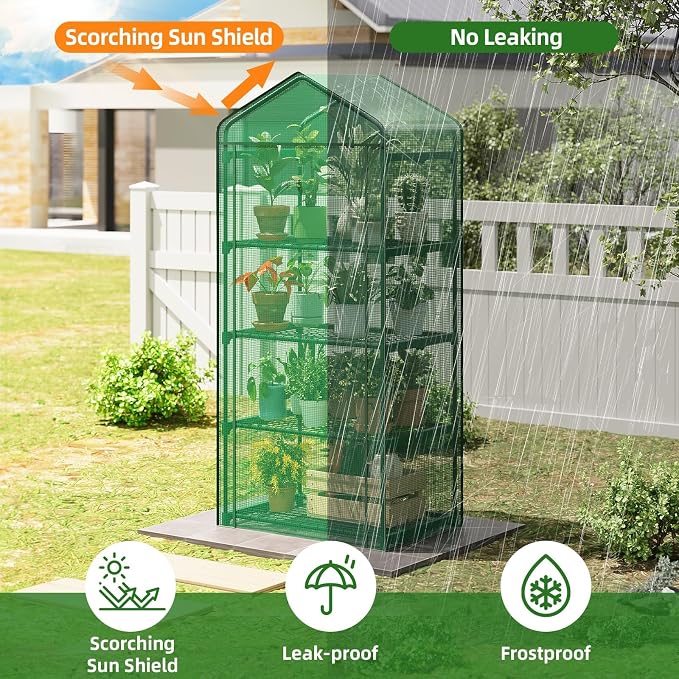Superlele Mini Greenhouse, Plant Stand for Indoor Outdoor, 27x19x62-Inch Plant Greenhouse, 4 Tier Plant Shelf with Green PE Mesh Cover, Portable Greenhouse for Seeding, Gardening Gifts