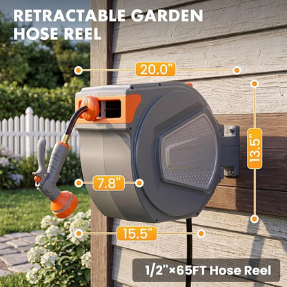 NEWBULIG Garden Hose Reel, 1/2" x 65 ft Retractable Heavy Duty Water Hose Reel with 9 Pattern Nozzle, Slow Retract System, 180° Swivel Wall Mount for Outside Yard Cleaning