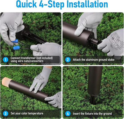 LEONLITE 5CCT Low Voltage Bollard Pathway Light, 360° Glow Landscape Lighting, 5W 12-24V AC/DC Wired Garden Path Light for Walkway, Driveway, Yard, ETL, Die-Cast Aluminum, IP65 Waterproof, Pack of 4