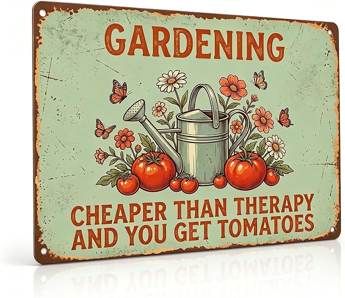 Funny Garden Metal Signs, Vintage Outdoor Wall Decor 12x8 Inch | Gardening Cheaper Than Therapy, Weatherproof Aluminum Sign for Patio Yard Greenhouse, Gift For Gardeners