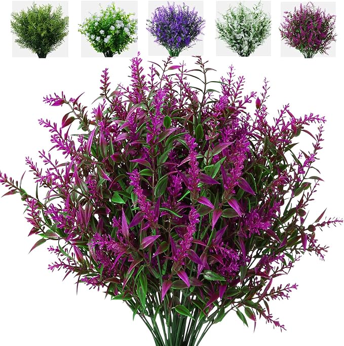 XLFAQXM 8 Pack Artificial Plants Flowers Grass Shrubs Lavender No Fade Faux Plastic Flowers Outdoor for Farmhouse Garden Porch Patio Indoor Wedding Decoration Greenery Fake Plants uv Resistant