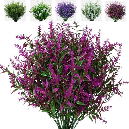 XLFAQXM 8 Pack Artificial Plants Flowers Grass Shrubs Lavender No Fade Faux Plastic Flowers Outdoor for Farmhouse Garden Porch Patio Indoor Wedding Decoration Greenery Fake Plants uv Resistant